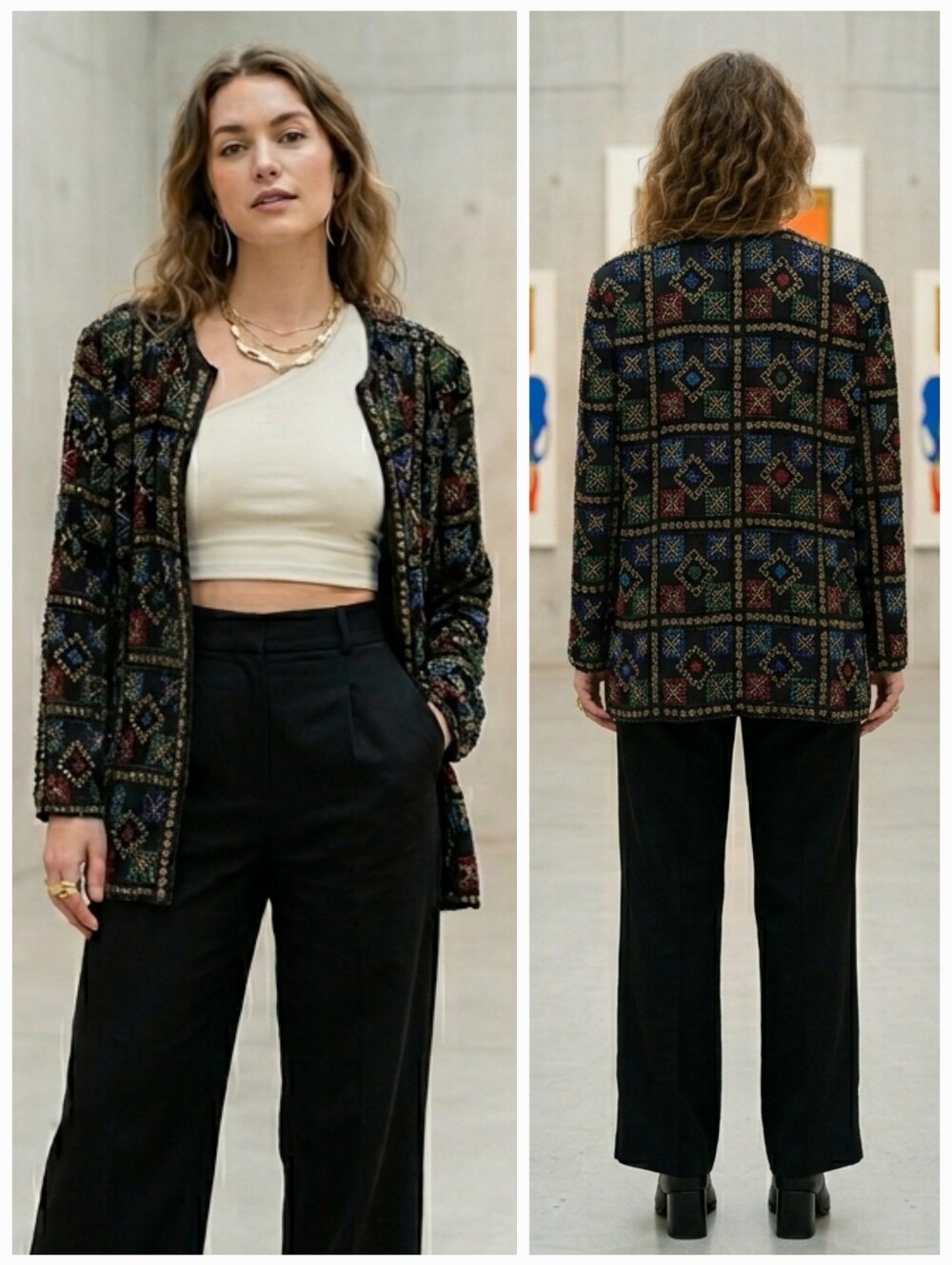 Braemar Petites L Vintage 80s Maximalism Artisan Eclectic Beaded Silk Blazer
